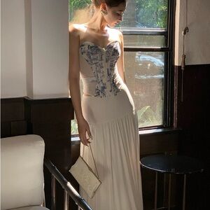 Elegant Strapless Cream and Blue Women's Top